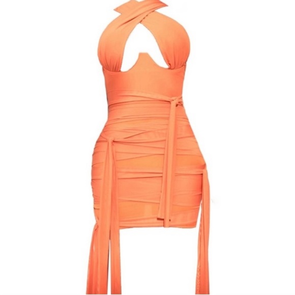 PrettyLittleThing | Dresses | Orange Mesh Wrap Neck Tie Detail Bodycon Dress  | Poshmark